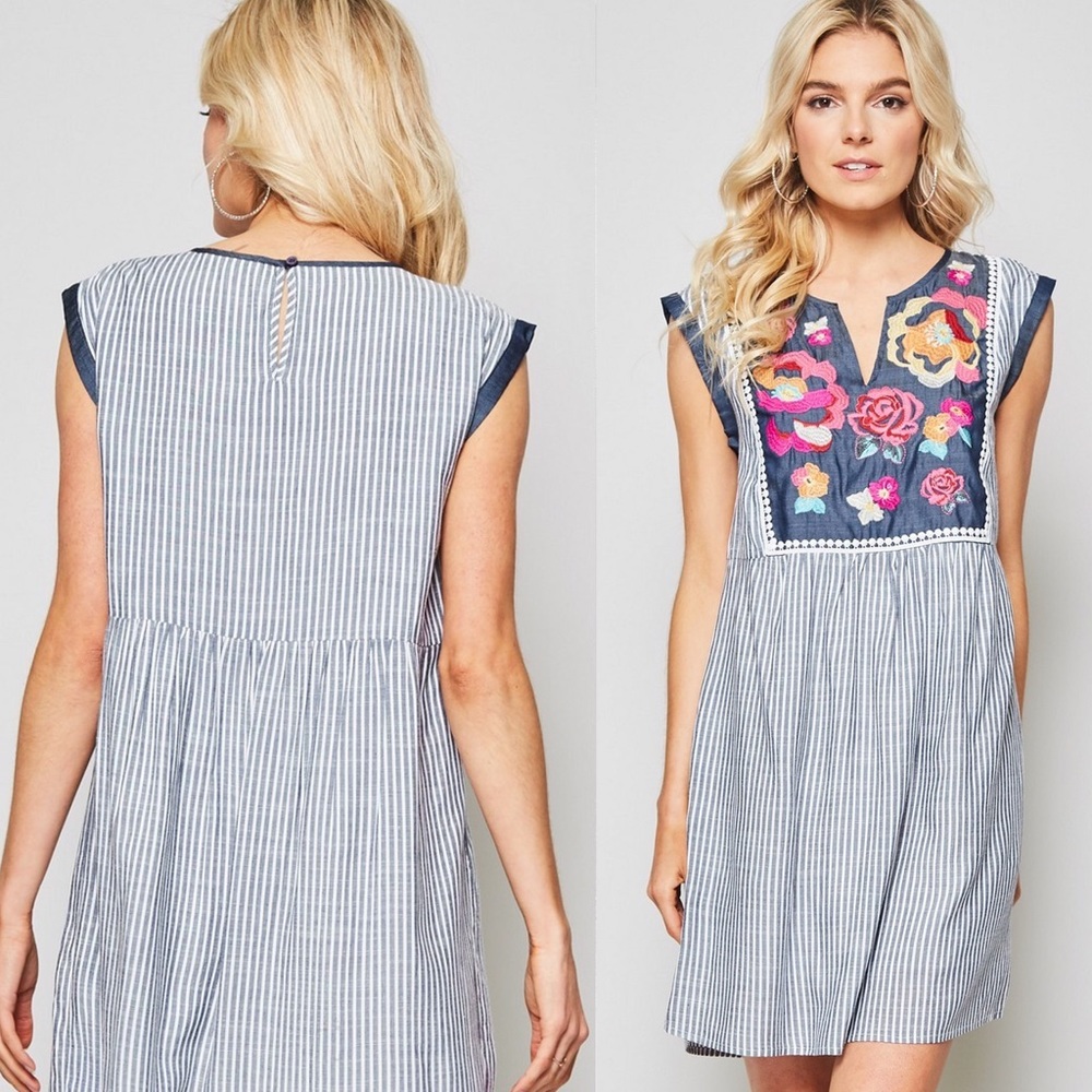 Casual Floral Comfortable Stripe Dress Blue - Picture 6 of 8